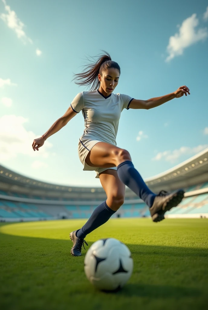 hot brunnette with looped gold earrings in short shorts with a tight shirt playing soccer