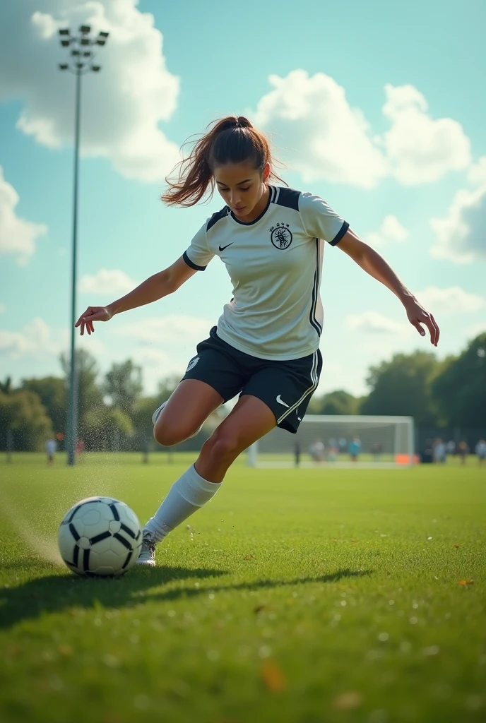 full body,photo of a 18 year old girl,kicking a soccer,happy,messy hair,floating hair,soccer uniform,outdoor,windy,soccer field,ray tracing,detail shadow,shot on Fujifilm X-T4,85mm f1.2,sharp focus,depth of field,blurry background,bokeh,motion blur,motion lines,<lora:add_detail:1>,