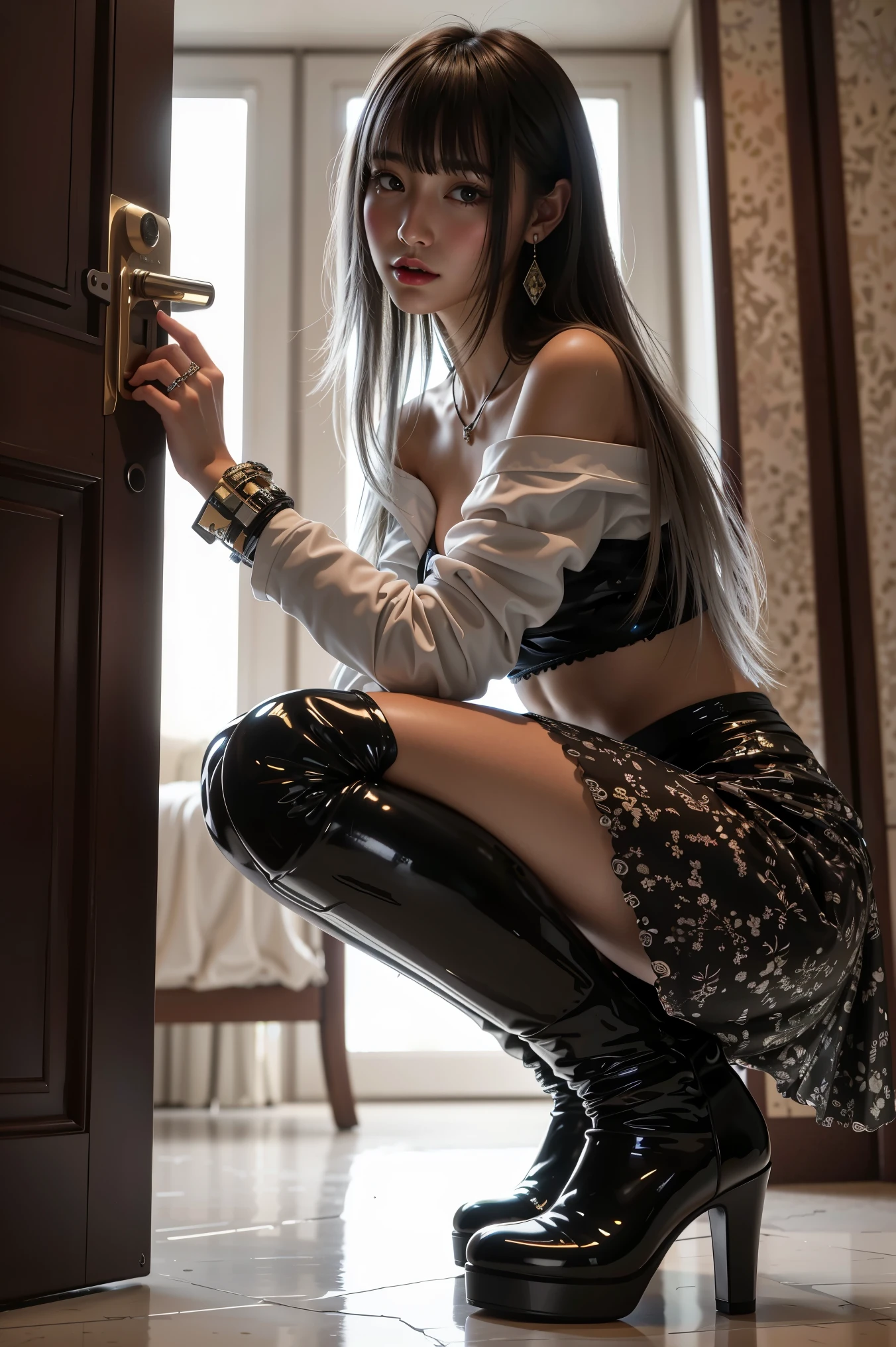 ((Crossing your legs:1.5)),Ultra-high resolution、(((Very heavy,Voluminous bangs:1.1))), ((Raised ponytail))，Straight bangs hairstyle, Round face with blunt bangs, length, Glossless hair、Bangs cut straight,(masterpiece, Highest quality:1.5), (Ultra-fine 8K CG:1.4), (hyperRealistic:1.25), (PhotoRealistic:1.25), (Realistic:1.4), Cowboy Shot, (Smile 1.3), Beautiful Japan, Supermodel, Japanese Idols, Big Breasts, Accentuate your cleavage:1.5、Black Hair:1.2、Full body image、((Real person:1.5))、(Fishnet tights:1.2)、((From below:1.5)), Earrings、Big Breasts,((Lace-up long boots 2.0)), (Long legs), Beautiful feet, (From belowのアングル),  A light smile, Naughty look, Full Body Shot, sheath dress,Show your back,(Panty shot)、expression of ecstasy,、((Protruding nipples))、((Saggy middle breasts))、((Gal Makeup))、Bun Hair、(透けて体に張り付いている服)、(Bracelet)、Ecstasy、(Very saggy bust)、Twin tails、(Two bun hairstyle).Red and silver gradient hair、(Pull up your skirt)、スカートリフト、斜め下からのカメラアングル
