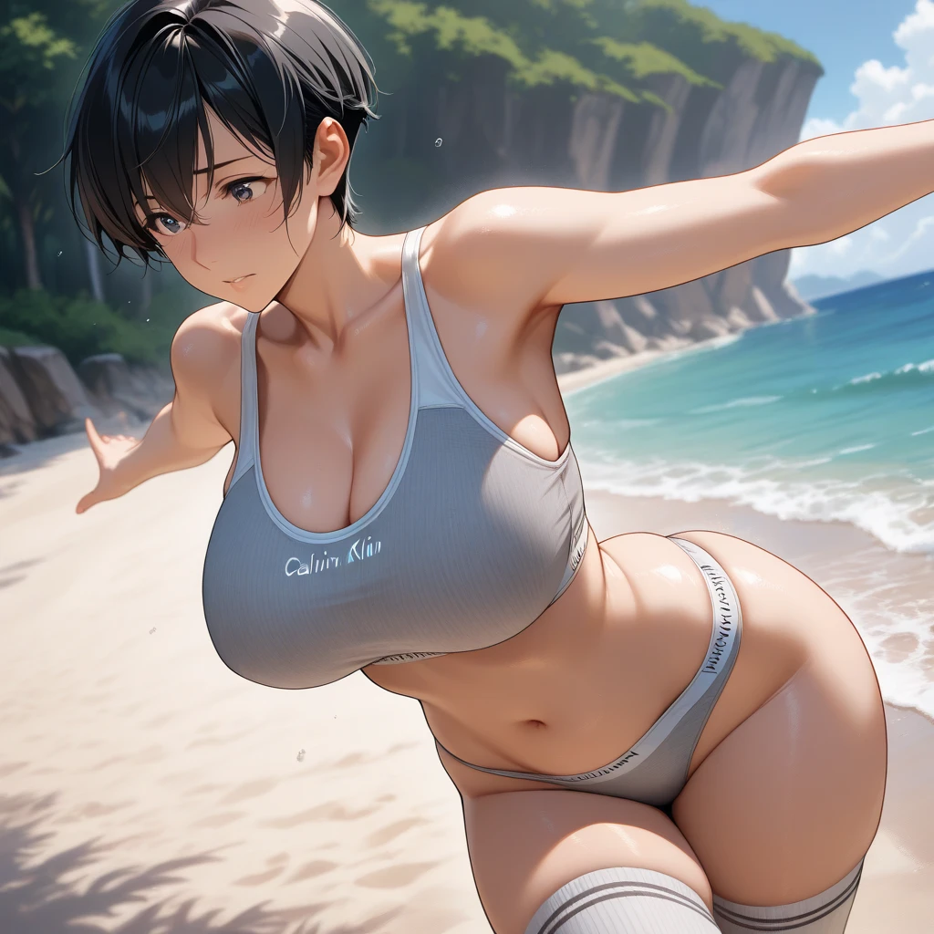 High detailed, 4k quality, stunning 23 years old female, short hair, random hairstyle, necklace and piercing, wearing Erotic Beach Volleyball: Tank top, shorts, and sand socks, perfect breast, long cleavage, curvy body, playful expression, street background