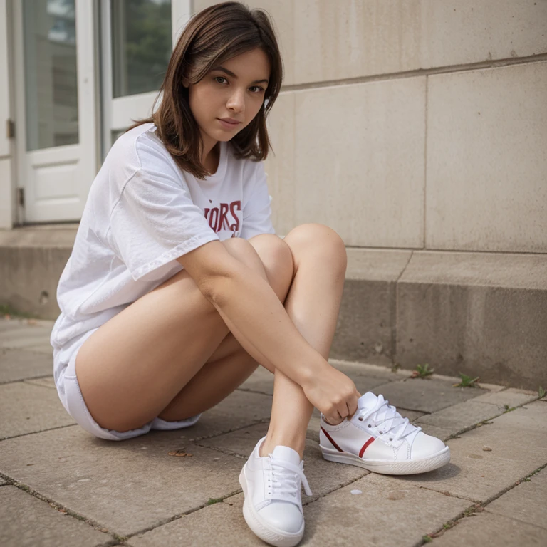 arafed chic young woman sitting on the floor with her feet crossed, wearing white vegan reebok, athletic fashion photography, white shoes, aleksandra waliszewska, model posing, focus on sneakers only, by Emma Andijewska, woman in streetwear, editorial model, photoshoot, fashion editorial photography, casual, natural lights and cast shadows