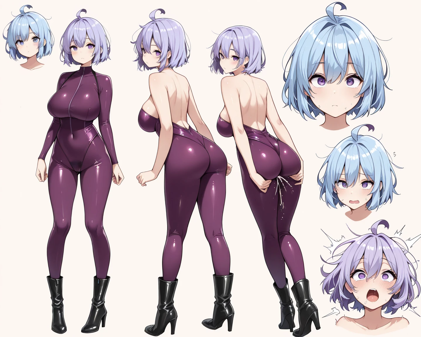 Adult goblin woman, light skin, turquoise blue hair, long shapely and muscular legs, small t shirt, huge breasts, tight multi-color one piece dress, high stockings, boots, 8k, hd, masterpiece, full body, white background, character sketch in various perspectives back, front, Talking and laughing