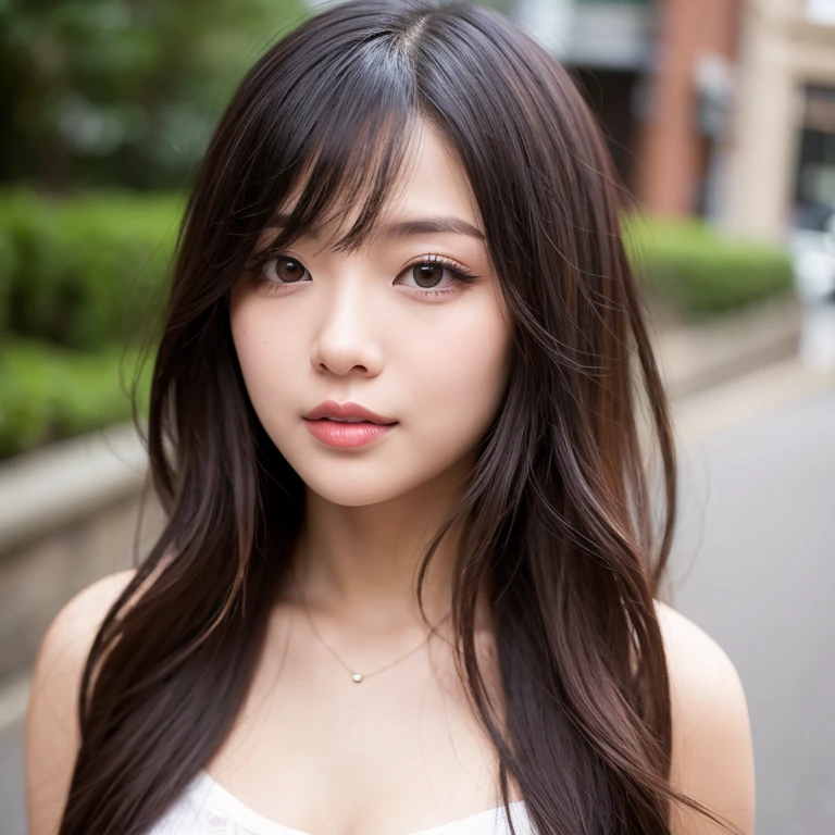 young japanese female, photograph, beautiful eyes, sharp focus, elegant, big eyes, red lips, cinematic light, one-person, cyberpunk style background