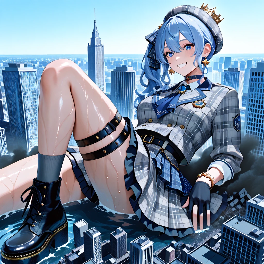 GTS girl sitting on the city,Forrina,Long hair,hair covering one eye,((Gradient hair)),Colored eyes, Gradient eyes, (Glowing eyes:1.5), mascara, (Fashion Makeup), Open it,blush,Hat Flower,helpless,Looking up