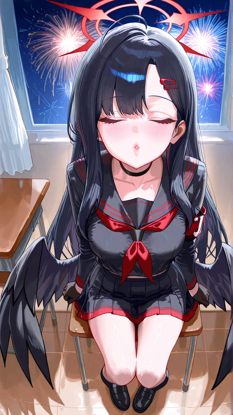 masterpiece, best quality, highres, ichika ba, black choker, solo, grin, pleated skirt, gloves, red neckerchief, low wings, black school uniform, halo, long sleeves, long hair, black hair, hair ornament, 1girl, (black serafuku:1.2), smile, black wings, sailor collar, hair clip, indoors, standing, Heart-Shaped_Boob_Challenge, focus breast, closed eyes, embarrassed
boob heart , upper body,