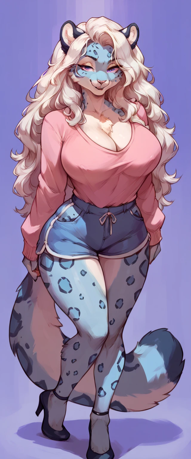 (solo) female anthro snow leopard, long fluffy hair, snow leopard, (big breasts:1.5), attractive, collant, fit body, snow leopard tail,, thicc, freckles, freckles on face, smug eyes, (happy expression), she is standing look to the viewer , violet background, simple background, thick thighs (front view) high heels