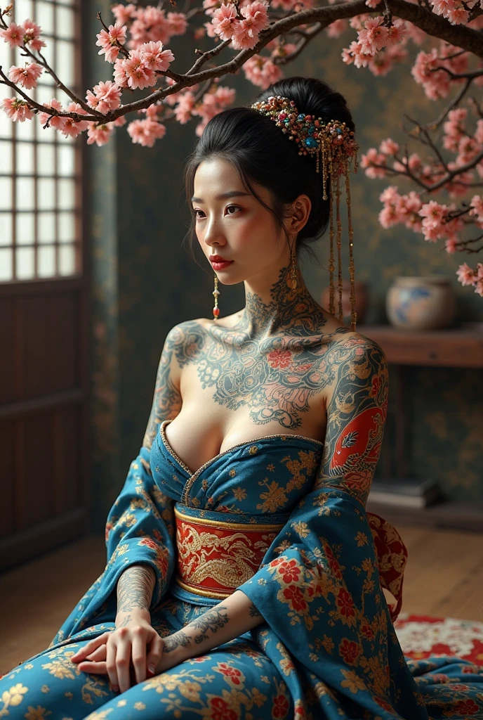 A naked woman seen from the front, crouching on the ground facing forward with her legs spread apart. Empress of the Qing Dynasty, wearing a Phoenix Crown, exposing her abdomen, thighs and feet.。She is completely naked, showing off her gorgeous large flowers and hairpins, her hair tied up and pulled up, and the background is the stone paving of the Chinese palace of the Qing Dynasty.
