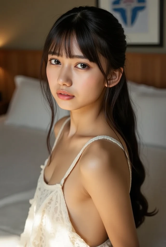 20 year old cute Japan woman, ((Extremely precise and accurate anatomy:1.0)), (Highest quality realistic skin textures:1.6), clean and glowing skin, thin:1.2, mesh, (Enhances the beauty of skin texture:1.2), The texture of each individual hair, long and delicate lashes, Beautifully trimmed eyebrows, Facial pores, Detail of blood vessels in the white of the eye, Thin and visible capillaries in the skin, (photo realistic:1.4), (Hyper realistic:1.4), (Improvement of quality:1.4), (Realistic lighting:1.3), Backlight, A gentle light that illuminates the face, Ray Tracing, (Bright light:1.2), (Smoother lighting:1.05), (Improving the quality of cinema lighting:0.9), 32k, One Japanese woman, fine grain, Detailed face, (Film Grain:1.1), (Natural smile:0), (Accentuates body lines:1.1), High resolution, Natural look, Kind eyes, Delicate light and shadow, Clear skin, Graceful Pose, Beautiful Eyes, Sharp details, Soft light reflection, Beautiful contours, Delicate skin tone, Natural background, Natural poses in everyday situations, Extremely fine detail, Lora Style
