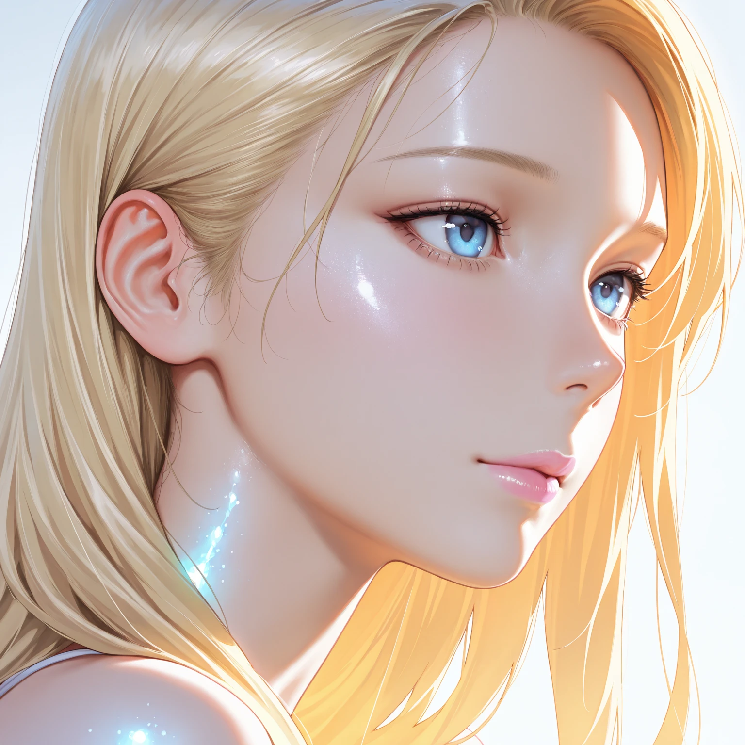 Pretty Female, Windblow blonde hair, glowing blue eyes, realistic, masterpiece, high detailed, 4K, beach background, high detailed light, little smile, white skin