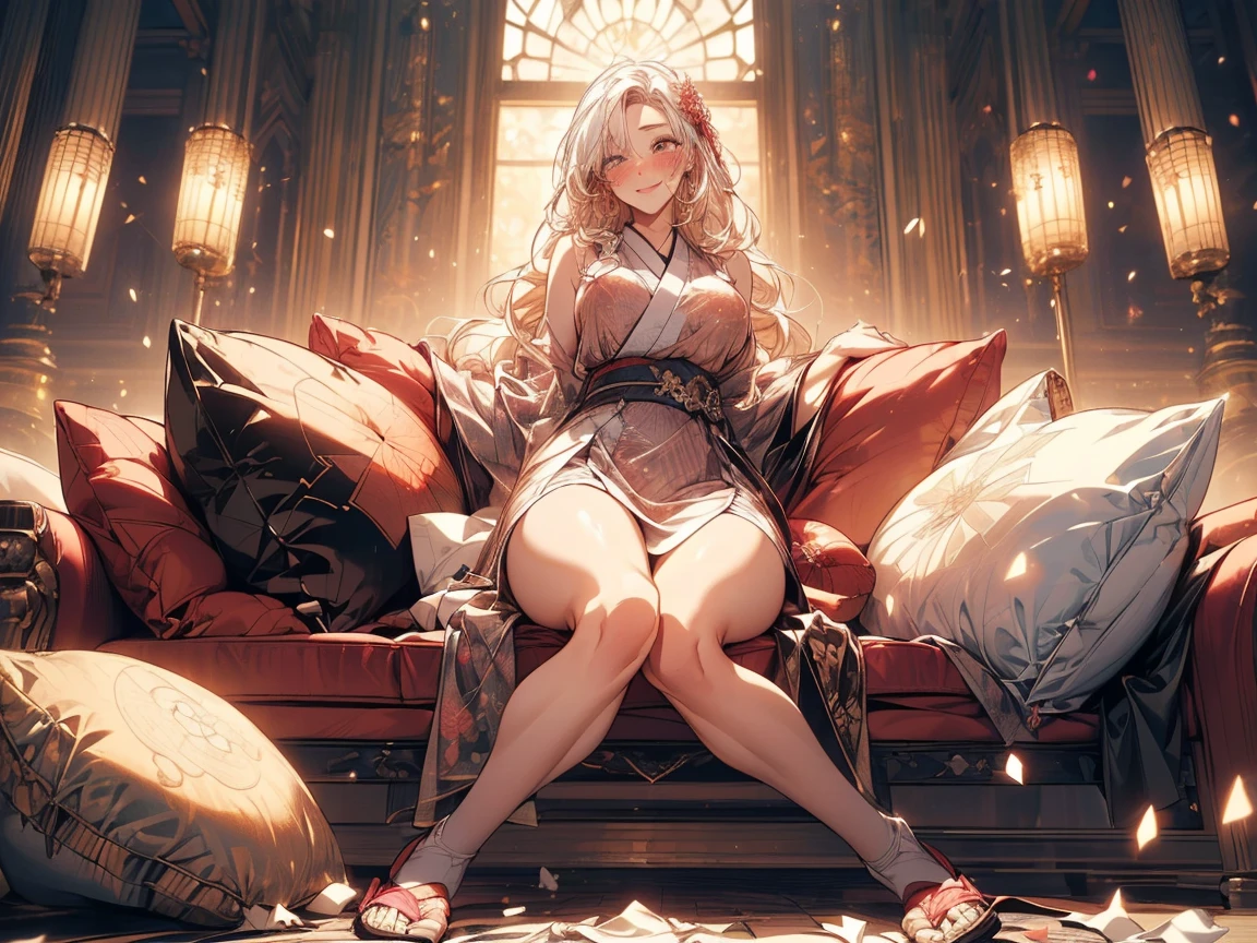 Best Quality, 8k, (masterpiece:1.2), ultra-detailed, expressive background, balance, Demon girl, 1Female, 1Demon-Girl, long gray hair, Long hair, (((Big and long straight white horns))), Straight horns white on head, White kimono, Sexy white dress, Sensual, Sexy, Sensual body, Huge breasts, Perfect curves, Majestic, ((balcony, sunset in the background)), ((fallen on the floor, cup broken, book thrown on the floor, mess, broken things, messy place, broken pieces)),