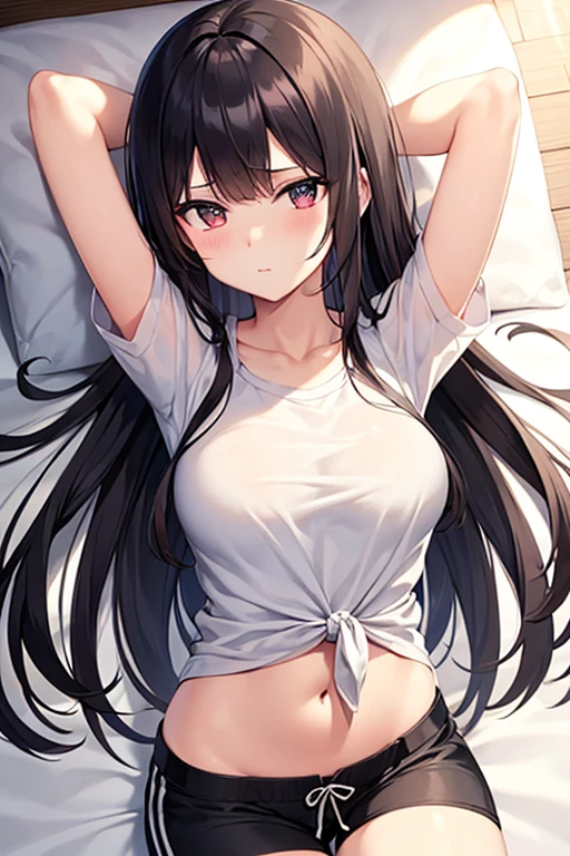 Girl in panties showing everything with her hands on her breasts lying on a bed making sexy face