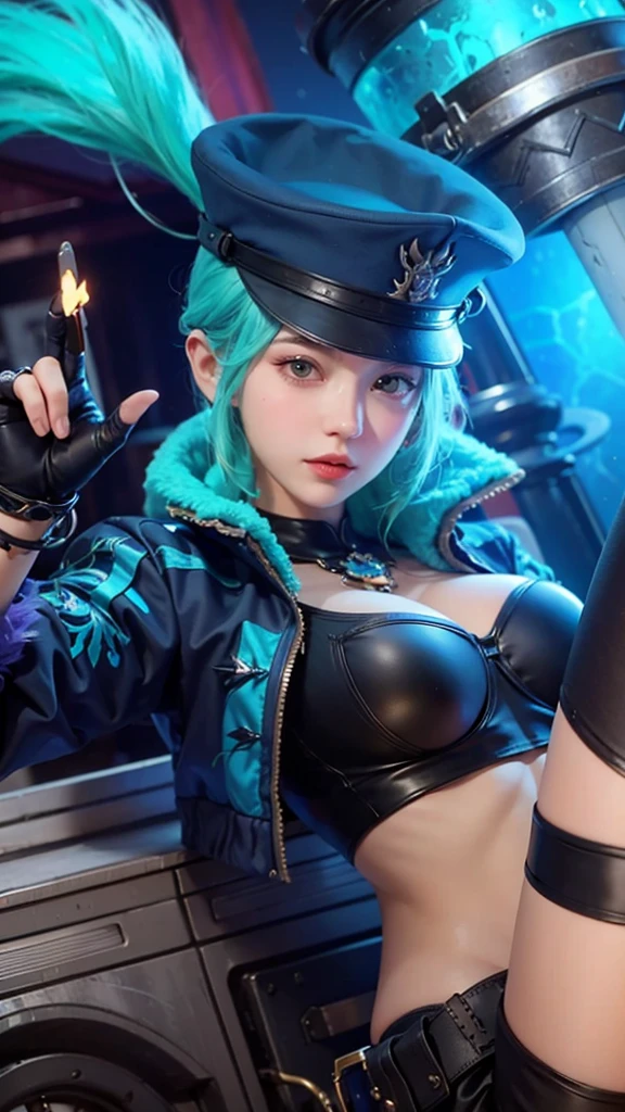 (best quality,4k,8k,highres,masterpiece:1.2),ultra-detailed,(realistic,photorealistic,photo-realistic:1.37),portrait,close-up,a cute young girl in a blue uniform with a hat on,(extremely detailed eyes and face,beautiful detailed eyes,beautiful detailed lips,long eyelashes),blue eyes,smiling,blue hair,vivid colors,studio lighting, happy