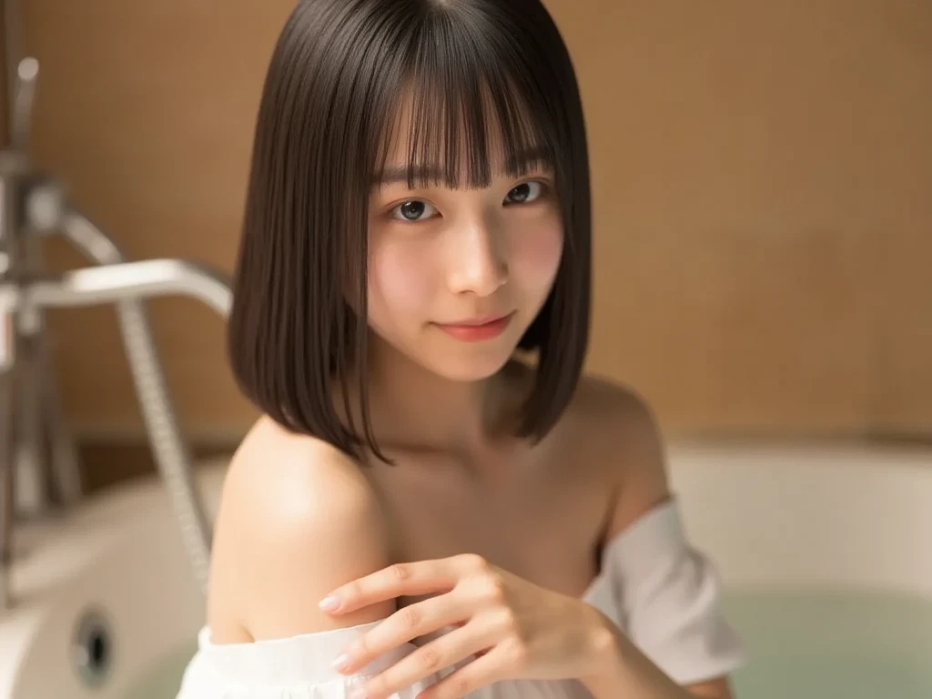(masterpiece), (top-quality), (Roll up a small bath towel:1.5), (Tube Top:1.5), (Exposed shoulders:1.5), (Thin fabric:1.5), (blushed face:1.3), (barechested:1.3), (Realistic:1.5), 1 little girl, (Shoulder out:1,4)(Black hair short hair -:1.3), (cCup milk:1,2), (cleavage of the breast:1.2), (Outstanding smile:1.4), Indoors, School, (Best Quality:1.4), Super Detail, High quality,(long, Slender legs:1.3),(fully body photo:1.3)、slender hands, Embarrassed look, Smile, a very pretty girl, Baby face, Clear eyes, Shining eyes, tiny chest, No pubic hair, Beautiful skins, ultra-definition, Top resolution, bet