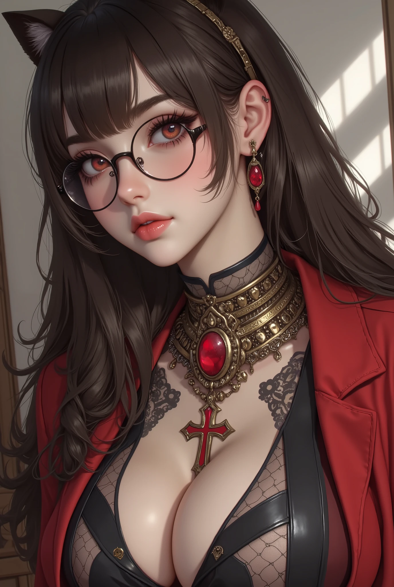 OKですかですか、(best illustrations)、8k UHD resolution、intricate details、highest quality、realistic、Super detailed、best lighting、best shadow、soft lighting、ultra hd、超realistic、Tyndall effect、Photoreal、(high detail skin:1.2)、 (intricate details, compensate, face to face with the children_v1:0.5), (OK, beautiful and delicate face, OKですか, beautiful and delicate eyes, perfectly proportioned face, high resolution skins, fine skin, Optimal ratio of 4 fingers and 1 thumb, arm under chest, red tattoo on lower abdomen、Wow wow, wide hips, smooth abdomen, thin and thin skin, __fashion__, __hair__:1.25)、Digital single-lens reflex camera、 absurd、(table top: 1.3), (maximum resolution: 1.2), (ultra hdTV: 1.2), cinematic light, fine eyes and skin, detailed facial features, , (sharp focus: 1.2）, (focus on the face:1.2),perfect style, beautiful face, acura, anatomically correct, Highly detailed face and skin texture, fine eyes, double eyelid, thin eyebrows, glitter eyeliner: 1 natural cheeks, Glossy skin, Fair skin: 1.2, (glossy lips: 1.4),(embarrassed look: 1.2),Highly detailed face and skin texture, fine eyes, double eyelid, natural cheeks,  glossy lips: 1.4,exposed cleavage、Bewitching。charm、 Beautiful devil woman from hell, デヴィッド・ホックニーとアルフォンス・ミュシャによる超realistic女性の肖像画, charm女性の肖像画、fantasy art, Chinese humanoid robot、chinese actress、dungeon、dragon、devil&#39;palace of、devil&#39;torture chamber、night、dark style 、in the dark、(detailed spooky background:0.8), magic、 1 girl、evil nun、dark necromancer、Succubus、devil&#39;Daughter of、Shinonome Umi、bat wings，(((devil&#39;Horn)))、 ((((giant glasses, otaku glasses, thick glasses, round glasses)))),(((big breasts)))、(devil&#39;Tail)、(red eyesは光り輝いて:1.6)、red eyesは非常に鮮明で詳細です, your eyes are so beautifully made, ((red eyes:1.0)),intricate tattoo, demonic intricate tattoo, thigh tattoo, body tattoo, masterpiece、最もbeautiful face、baby face、cute smile、beautiful plump red lips、筋肉のcharm体、devilのcharm体、devil style、charmブラックマジックコスチューム、The long-haired、Braid、Black hair、Ponytail distortion、, Ponytail with a bow tied at the back of the hair, beautiful expression、body up、big breasts強調、bust,  super tight chest, Breast augmentation surgery, Breasts are very big and round,tight waist、wide ass、 secret key, cowboy lens, (black phoenix dress: 1.0),  devil crown,  bright red jewel necklace、Jewelry G Wise,  Please wear black mesh socks,wearing light red、nffsw, nffsw, Meeting beautiful girls, look at the girl&#39;Main body,