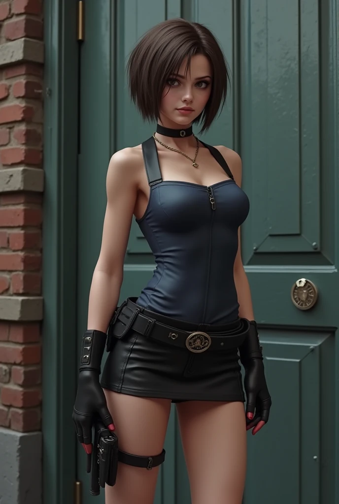 high quality masterpiece, photorealistic cinematographic shot of an attractive and tiny but rude Camilla Belle like 2B from Nier Automata, fitted miniskirt, atlethic body, firm medium bust, wide thighs, advanced detailed in s feminine and beatiful face features, cabello mojado, ropa sucia, explorando una mazmorra