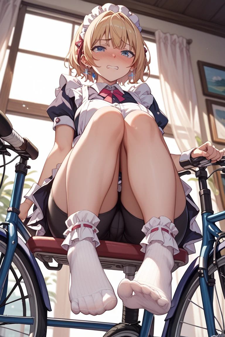 solo, 1girl, ,  hazuki katou,.,looking viewer ,grin,medium breasts,classroom,blazer,miniskirt,socks,sitting on chair,desk,(((view from under desk,from below))),open legs,spread legs,panties