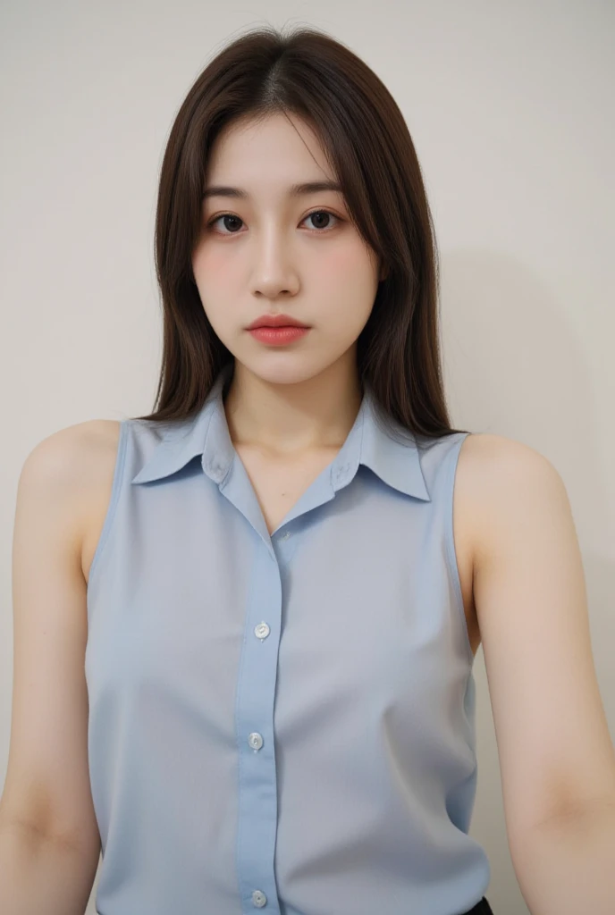 (very huge breasts, perfect anatomy:1.4), (short wavy hair, full body:1.1), (Korean school uniform, summer school uniform shirt, sleeveless:1.4), whole body, RAW photo, extremely delicate and beautiful, masterpiece, Best Quality, ultra high resolution, 16k, hyperrealistic, ultra-detailed, Very detailed CG 8k wallpaper, Beautiful Lighting, Perfect Lightning, Realistic Shadows, super Detailed shiny skin, perfect figure, Japanese woman, late 20s, Slim body, Slim abdomen, very small head, handsome detailed woman, very detailed eyes and face, realistic face proportions, Stunning detailed eyes, Realistic beautiful face, very small face, Realistic small beautiful eyes, double eyelids, makeup, tearful mole, mole on chest, earring, bare legs, beautiful and very thin legs, beautiful and very thin thighs, narrow waist, (cleavage, Soft midriff, Fine Collarbone, off-shoulder:0.1),