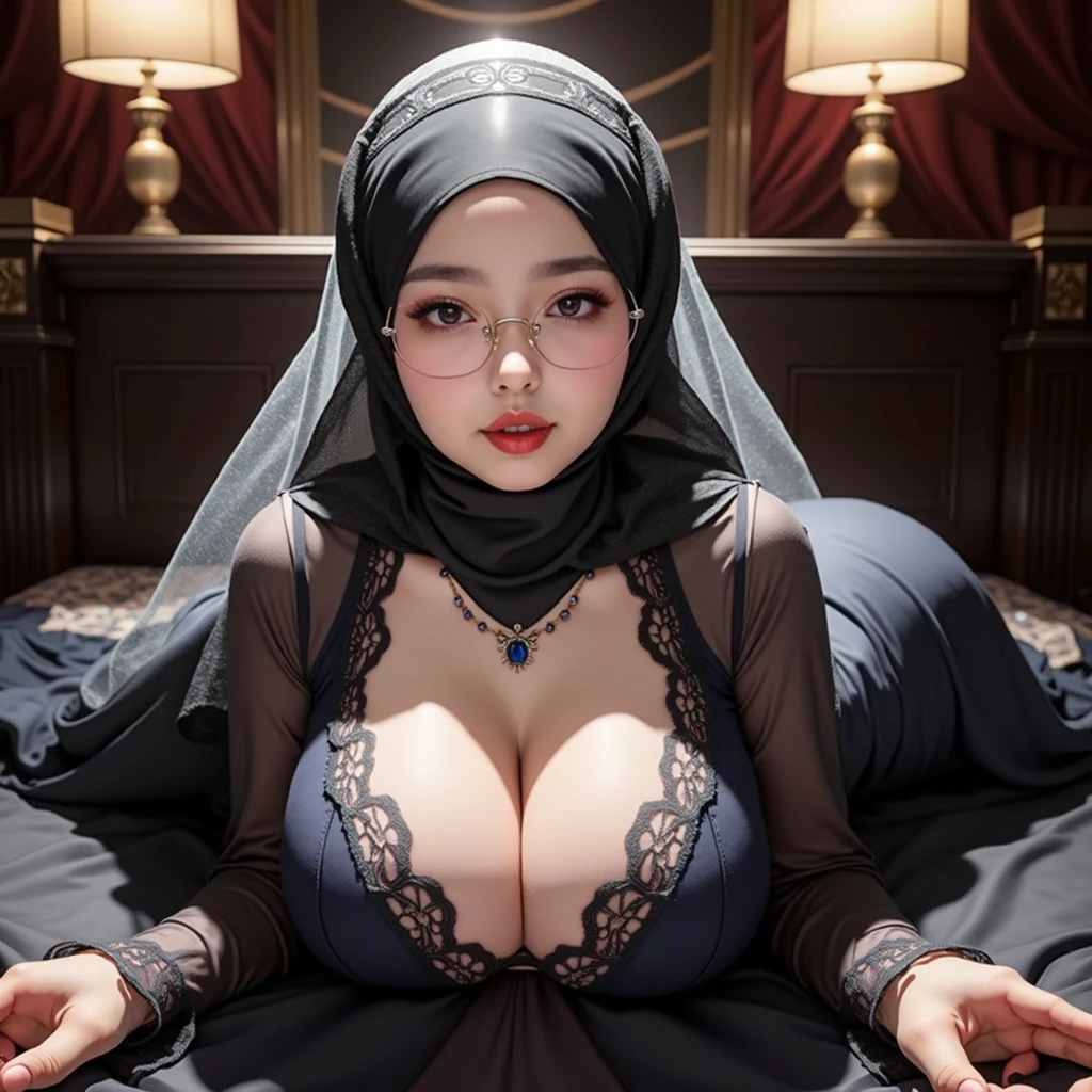 (wearing-hijab:1.4), ((ultra gigantic tits))), ((plump body shape)), ((Plump)), ((Nipple Exposed)), (Detailed description of face),(Detailed description of body), Fair and clear skin, matchless beauty, long legged,(Stockings),Beauty mole,(Sapphire Necklace),(mature royal sister),(red-lips),(touch tits), (seducting smile), Facing the audience, all-fours、See-through exposed underwear, Lace underwear、the royal palace、a bed、doress、see -through, wearing glasses