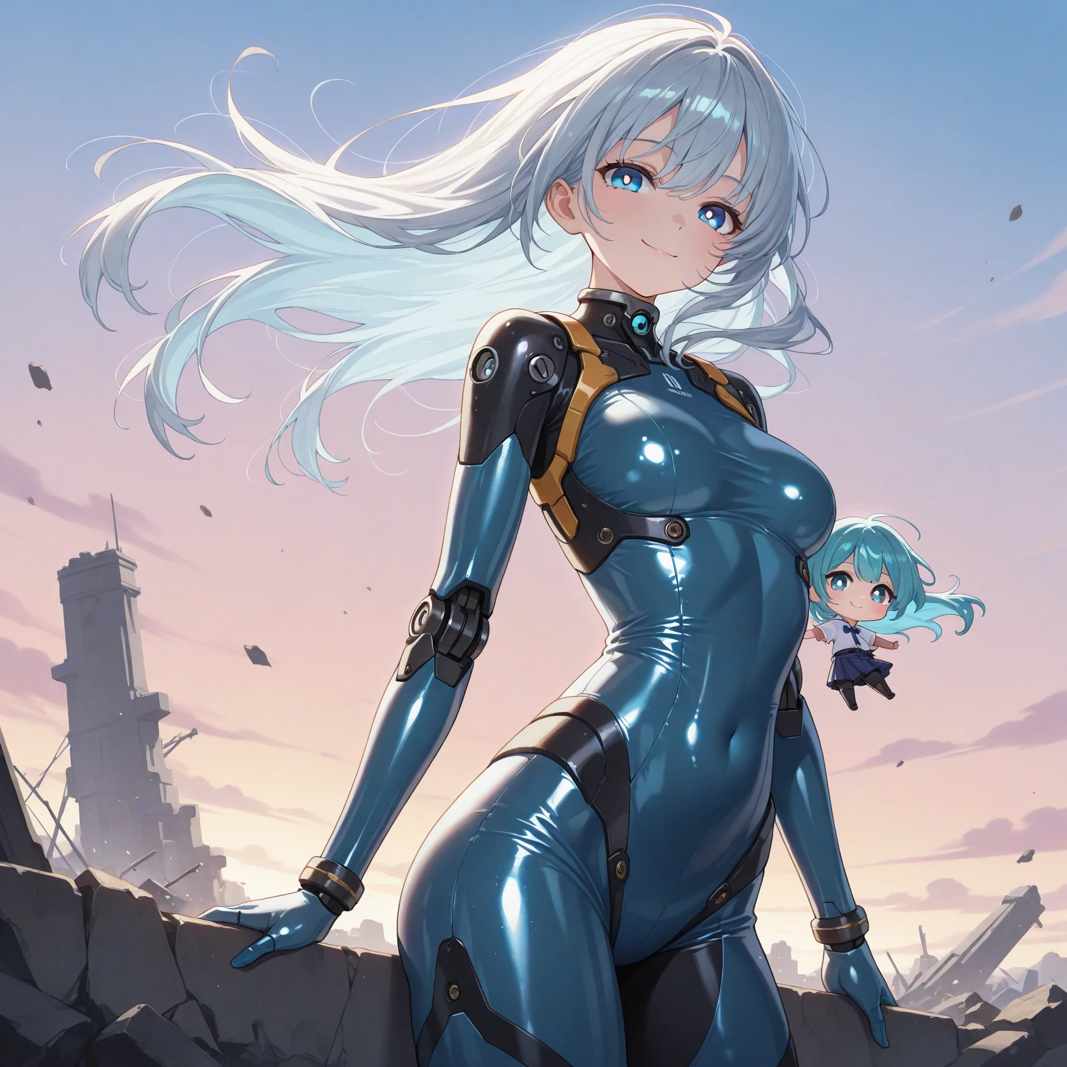 1girl, medium hair, multicolored hair, white hair, blue hair, two side up, gawr gura, blue eyes, mechanical shark tail, small breasts,  leotard, Clothing Cutout, high collar, power suit, mechanical gloves, Mechanical Boots, outdoors, ruins, post-apocalypse, sitting, arms up, rope, restrained, nervous smile, blushing, closed mouth, looking at viewer, tears. from above, cowboy shot <lora:gawr_gura_sdxl_pony:1>  <lora:Mashu:1>, score_9, score_8_up, score_7_up, score_6_up, score_5_up, score_4_up, BREAK source_anime, masterpiece