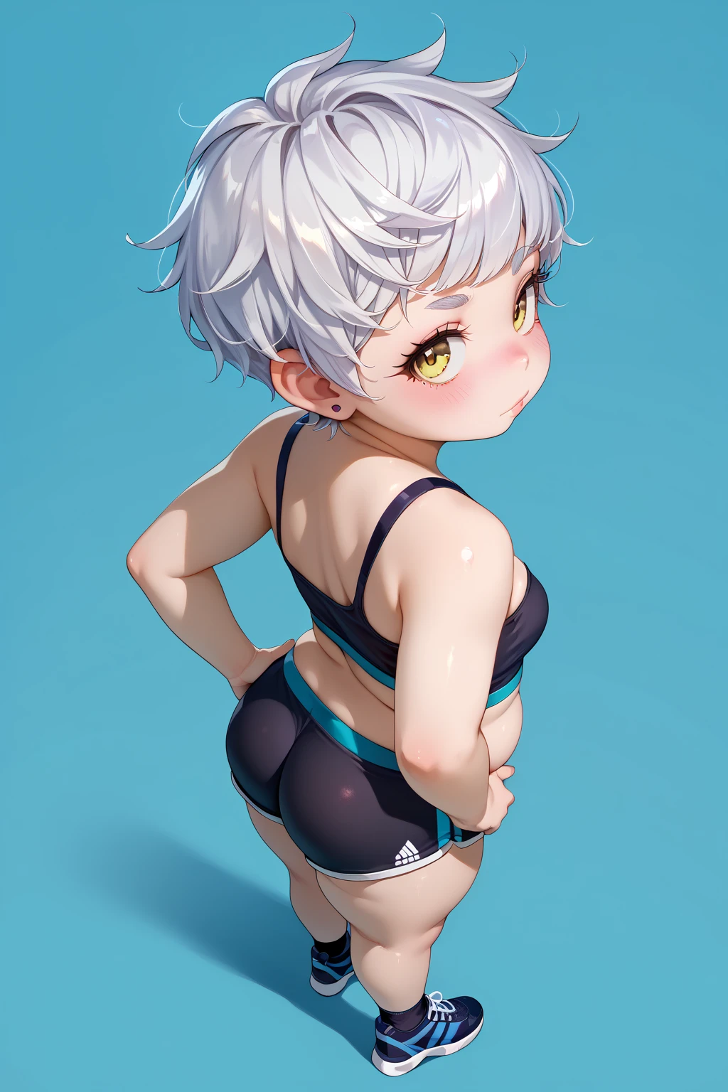 (8k, Raw photo, highest quality, masterpiece:1.2), (anime-like, photo-2D:1.4), Super detailed, photo shoot, (12 year old cute girl:1.2), perfect details,perfect hands,perfect 5-fingers,perfect anatomy, (looking at the viewer),blush, Making, blush,(NSFW:0.8), (full body), full body,(Flat Chest:1.4),(Short height:1.4),Sunburned skin,Gray Hair,Red cheeks,Short Hair,red eyes,Brat,(Sweating profusely:1.2),Glossy skin texture,Belly button,Micro Bikini,Tied waist,Squishy skin,Slim body,armpit,living,Standing in front of a table,Expressionless,Tilt your head a little,My under bikini digs into my butt,Plump Ass,Touching your own buttocks with your hands,Anti nsfw,mesugaki,(Brown skin:1.4),Tan Skin,multiple views,(Front and back two perspectives:1.4)