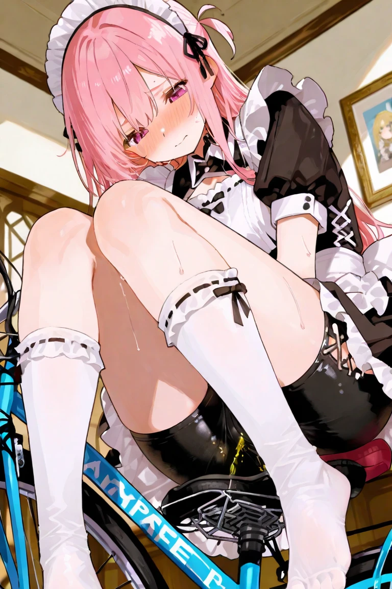 ( 4 diferent girls having sex),4 Girls with pink hair, long twintail hairstyle, ((small bushy eyebrows)), wearing gothic lolita clothing, lolicon , walking to school, flirty smile,, walking to school, bored look, bored face,, (sitting with legs open lifting her skirt to show her vagina wet with semen),1 boy having sex with the girls, scaried young boy
