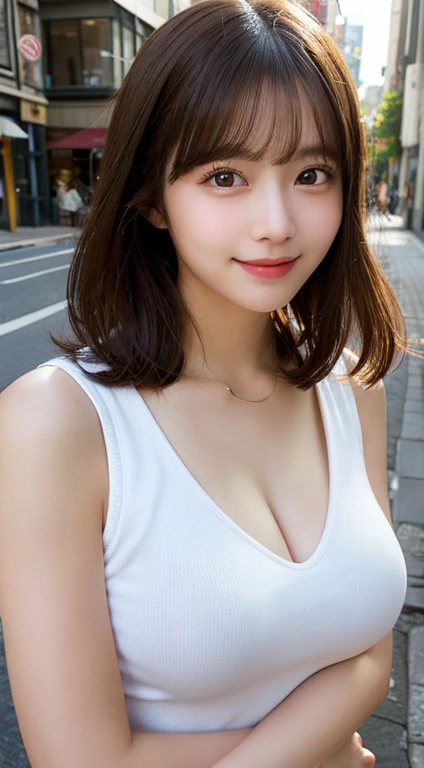 masterpiece, 1Beautifulwoman, A detailed eye, Slightly bigger eyes, top-quality, 超hight resolution, (现实: 1.4), OriginalPhotographs, Cinematographic lighting, japanes, Asian Beauty, very extremely beautiful, Beautiful skins, Thin, Front-facing body, (超realisitic), (hight resolution), (8 K), (ighly detailed), (美しくA detailed eye), (ultra-detailliert), A detailed face, looking at the viewers, Facing straight ahead, Neat Clothing、Brunette Short Bob Hair、Lustrous hair、46ポイント斜めbangss、自然のtree-lined streetエース フォーカス、Very eye focus、Head tilt、Very chest focus、underboob、mid-riff peak、hyper realisitic、Photorealistic、masutepiece:1.4, top-quality:1.4、Add intense highlights to the eyes:1.4、Shiny brunette short bob hair:1.4 ),1girl in, 独奏, short dark hair, scarf, Hats,, realisitic, looking at the viewers, brown eyes of light color、 coat, Winter clothes, White headscarf, s lips, lipgloss:1.4,bangss,a closed mouth, The upper part of the body、big eye、Lashes、((Street))、((bangssのあるショートヘア:1.4、big eye、Put very strong highlights in your students、{Gigantic|Big|Huge|Mega} breasts, cleavage、very Bigger breasts、gazing at viewer、Very beautiful beauty、Put your ears out、long neck、little smiling、Close your mouth and smile)))、A beautiful woman full of charm:1.4、(Autumn leaves are blue without people or cars々tree-lined street)