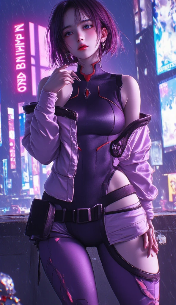 1girl, medium breasts, leotard, white and red leotard, bare legs, tight belt, gold belt, gloves, white glove,
city backdrop, tokyo city backdrop, solo, single, hands on hip, cowboy shot, superhero, beautiful detailed eyes, 20 year old girl,
gold symbol on chest, purple hair, short hair, bob hair, purple eyes, sleeveless, perfect anatomy, masterpiece, (rear view)