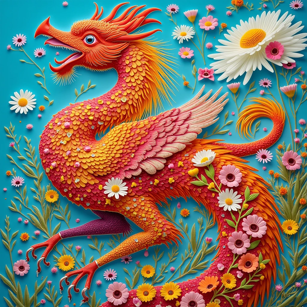 Graffiti, scribble, Comics by Petra Cortright, best quality, masterpiece, dragon surrounded with flowers artwork, Representative work, official art, Professional, Ultra intricate detailed, 8k, dragon art, multicoloured background