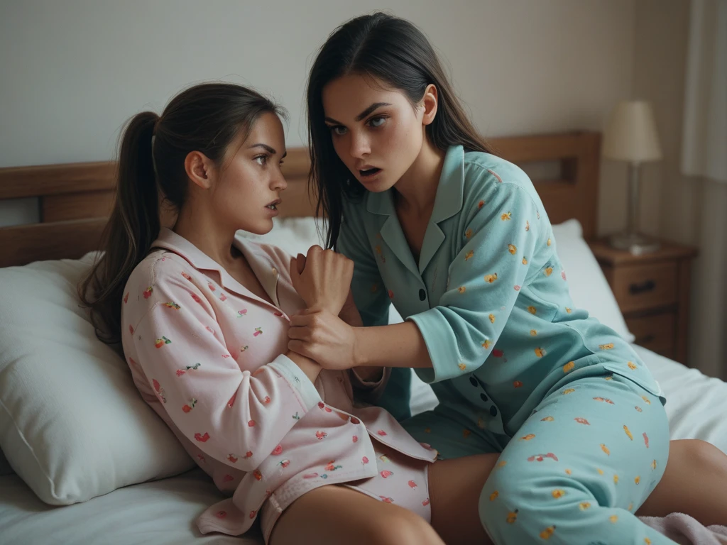 A girl sitting on her bed analyzing with the company of herself in a striped shirt