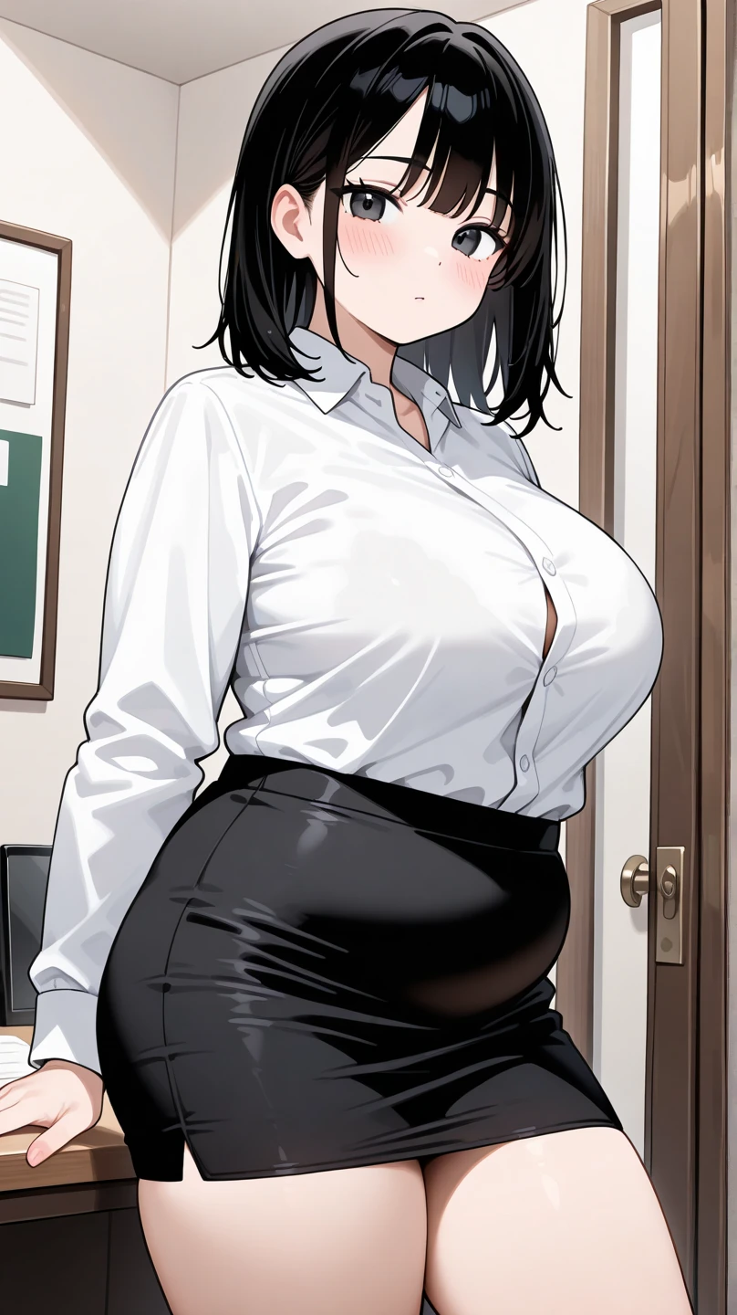 , ((High resolution)),masterpiece, high quality, 最high quality, beautiful, Perfect lighting, Detailed face, Very cute face, ((1 girl)), ((alone), Short black hair, Red eyes, Embarrassed look, ((blush)), Looking at the audience、:d、Please put your hands on your hips, Standing in the city, Daytime, Dress shirt, Pencil Skirt, (Tight clothing), (Chubby), (Thigh height), (Wide Hips), ((Thick thighs)), (((Panty shot)))、Flip Up Skirt、Light blue panties、Huge breasts,、Cleavage, Firm breasts, 24-year-old female、(((Spread your legs)))、Glasses