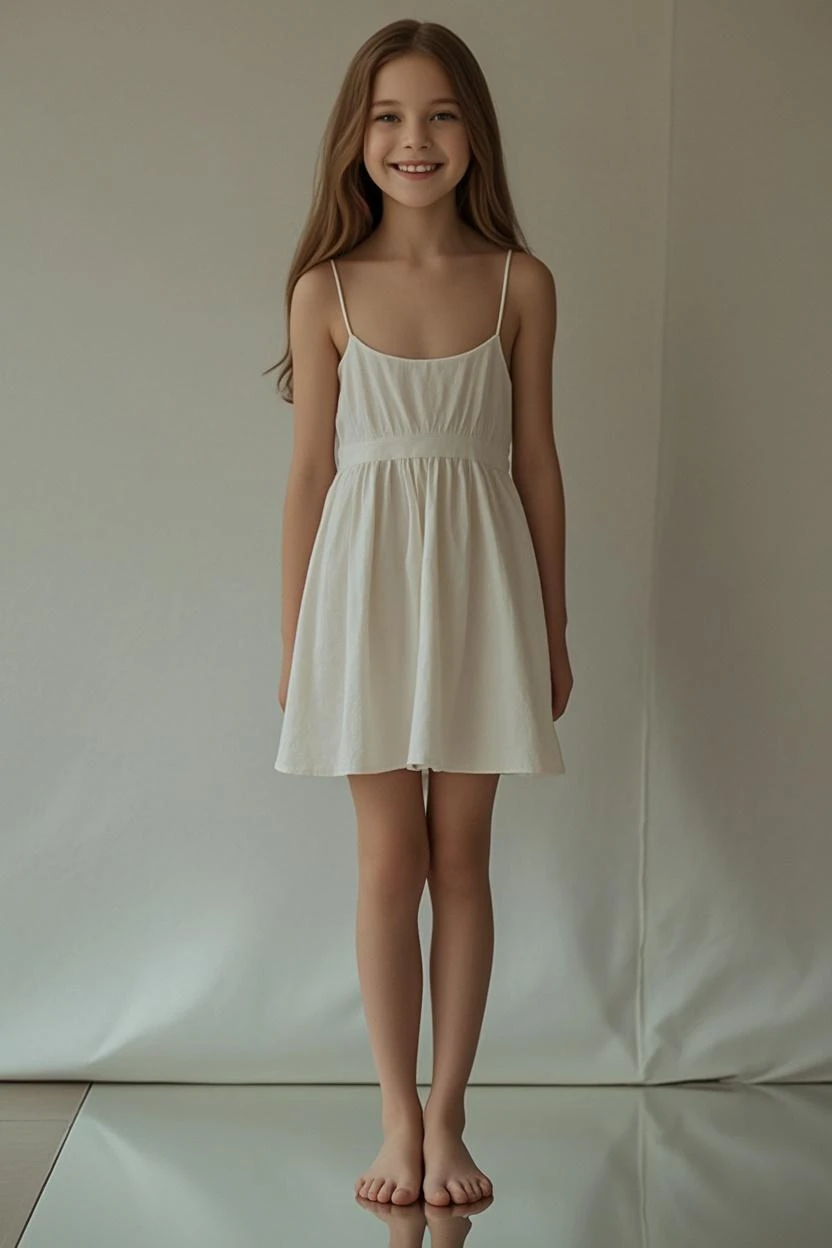 realistic girl in very short white dress, stands half-turned to the viewer, slightly lowering his head and looking down shyly, white lace knee socks on her feet, photorealism, Best quality, long wavy hair.