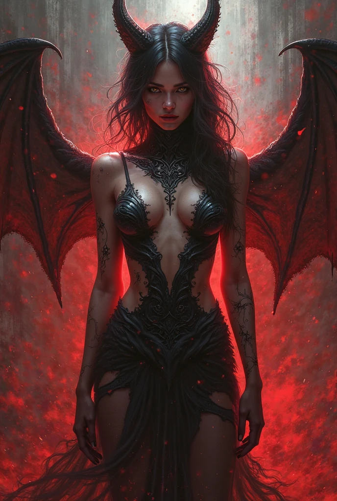 a woman with horns and a fire behind her, beautiful elegant demon queen,HUGE BREASTS AND CLEAVAGE, white horns queen demon, diablo 4 lilith, portrait of demon girl, succubus | medieval, beautiful succubus, dark fantasy style art, portrait of a female demon, epic fantasy art style, queen of hell, fantasy art behance, epic fantasy art portrait, goddess of the underworld