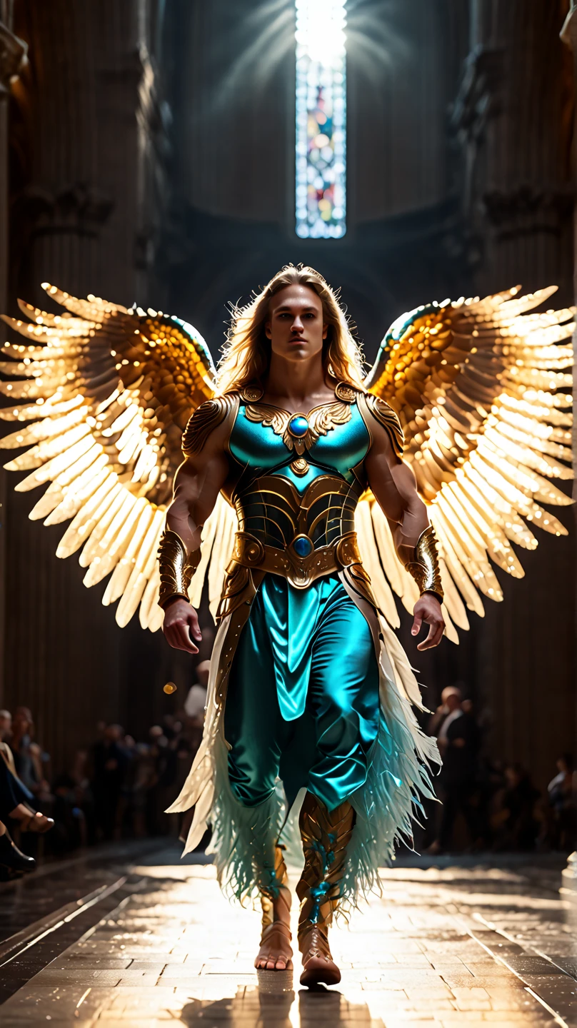 ultra high res, best quality, photo, 4k, (photorealistic:1.4), cinematic lighting, a male angel with large translucent wings,muscular man, abdominal muscle, wearing medieval gold armor, detailed feathers, cyberpunk environment, snow and environment in the background, cathedral of , portal of the future, volumetric light, HD, magic, god light, backlighting, detailed face, contrapposto,