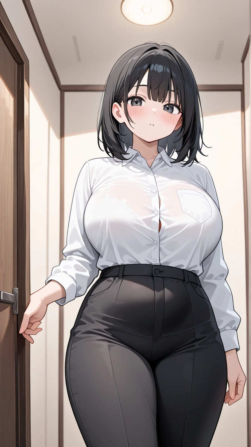 ((Masterpiece, Excellent)), (1girl), ((MILF)), Brunet, ((Office Lady)), Bangs, Bursting Tits, (Plump), Slim, Smile, [Wide Buttocks], Office, Standing, Thin Waist, Tight Skirt, Stockings, Cleavage, Seductive, Working Women, Professional Wear,