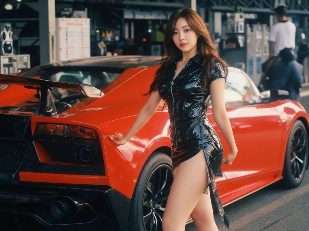 A super busty and cute-faced Japanese woman in a shiny red leather leotard、High-resolution photo of him posing in front of a luxury British car, Bentley。Stand in front of the car、Consider the perfect balance between the size of the car and the girl。The background is a night view of the city、Neon lights are shining。The woman's expression is cheerful、To convey a lively atmosphere。Emphasizing her cleavage and making her hair and clothes move more realistically。