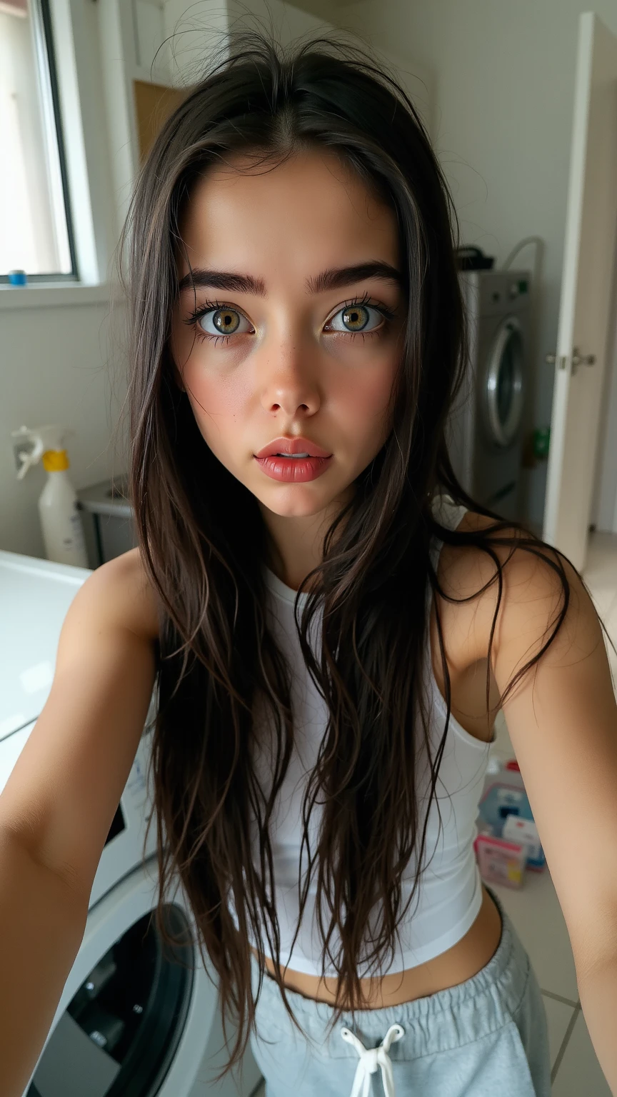 Brunette with green eyes in her room taking a bad quality photo with her African friend 
