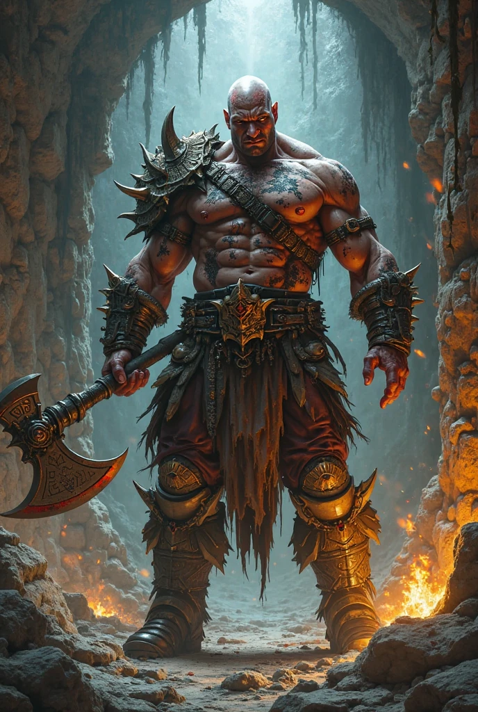 fansty world，Blood，Stout limbs，Muscular goblins，full moon，broken castles，Dark green skin，Pointed and long ears，Huge nose，Both eyes scarlet，Two rows of crooked teeth in the mouth。A huge skeleton，Covers toned muscles，The scars were dense, and there was a stab wound to the right eye all over his body。 On the chest is the orc roaring large-mouth battle pattern，There are also spider web battle patterns all over the body。 Usual time，The body is painted with barbaric war emblems, immovable mountains and guardians，Wears a uniform dust iron helmet, shoulder armor and stomach shield to protect the waist，The lower body is wearing leg armor iron shoes，Carrying Gobo's sledgehammer on his back，The iron chain wrapped around the entire right arm like armour。 Or wear a giant wolf king, a leading wolf skin, wearing a belt bag, trousers, and a chain leather long skirt。 Burning flame，Blood，Moon Night，中景 the scene is，Full body like， highly detailed surreal vfx，oc rendered，Shot with 70 mm - AR 16:9 --q 2 --s 1000