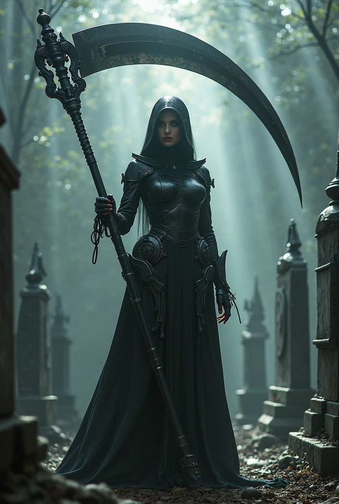 a female grimm reaper warrior, dark hooded robe, scythe weapon, gothic fantasy, intricate details, dark moody lighting, dramatic pose, intense glowing eyes, detailed facial features, long flowing hair, dark shadowy background, photorealistic, 8k, highly detailed, cinematic, dramatic lighting, dramatic atmosphere, striking pose