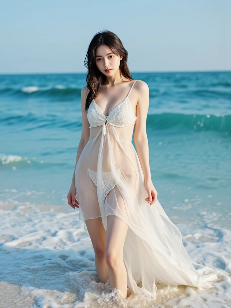 1 woman, (looking at viewer:1.2), detail face, (standing girl, Lending on cgsociety, beach background), romanticism, atmosphere, (RAW photos, best quality), (realistic, photo-realistic:1.3), masterpiece, very delicate and beautiful, very detailed, d cup，class photo，（Wear a translucent tulle dress1.5）