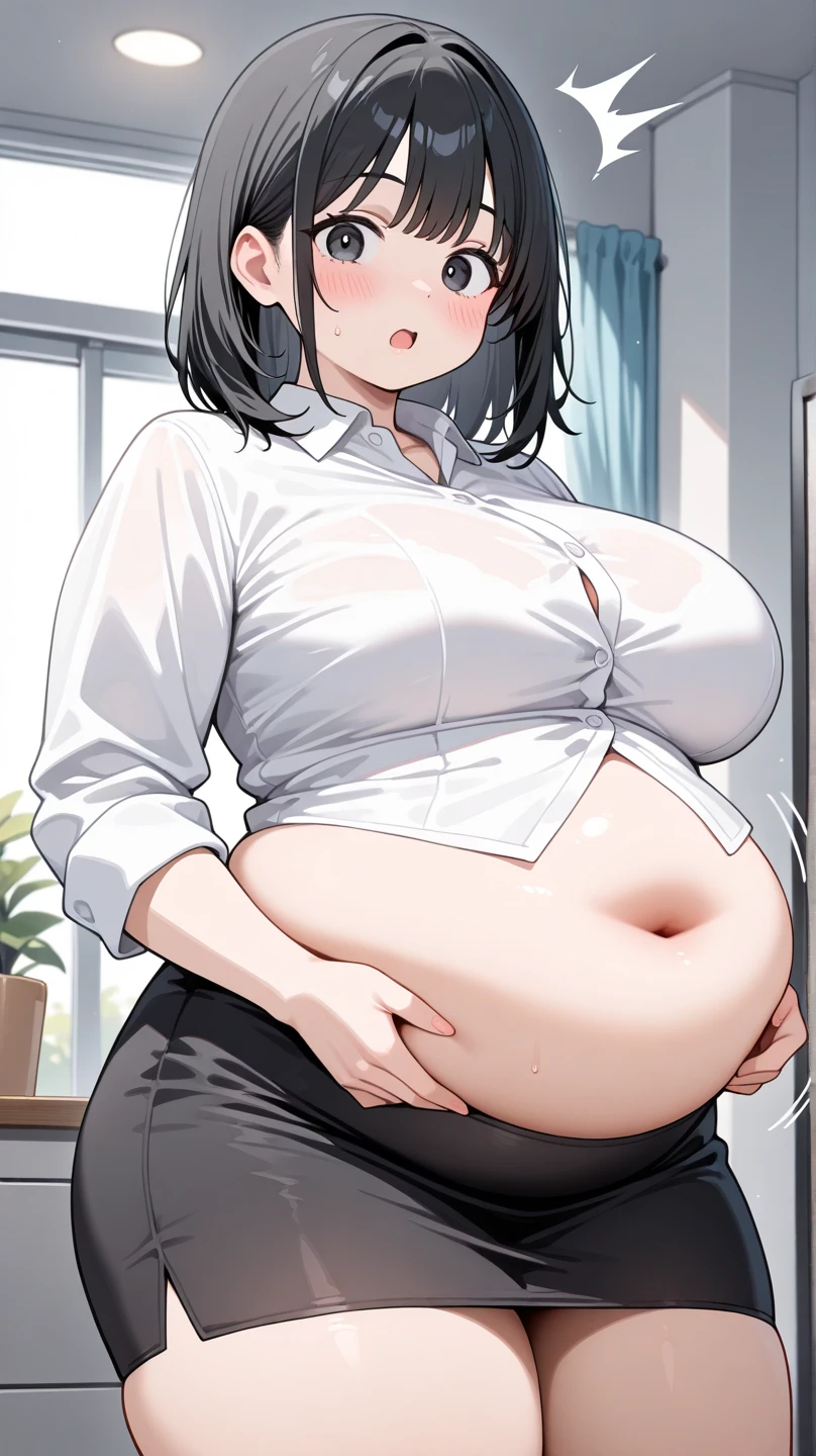 art by kipteitei, 1girl, kainkout, a woman sitting in an office chair at a desk, medium brown hair, pale skin, brown eyes, (tight button up shirt, short pencil skirt, stockings, high heels), massive breasts, ((massive belly, she is rubbing her own belly)), horny face, (best quality, masterpiece)