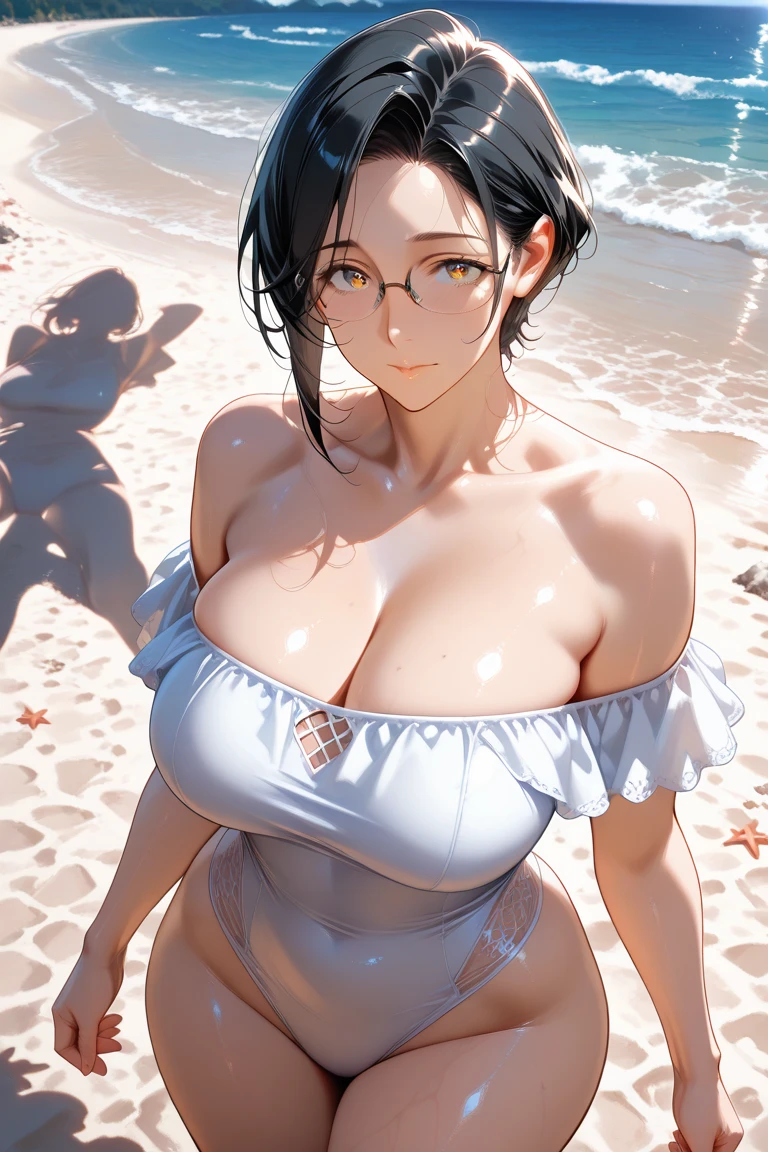 1 Japanese girl, glasses, blush, arms behind back, (slim body:1.2), (huge breasts:1.3), (slender legs:1.1), short hair, black hair, bikini, beach,