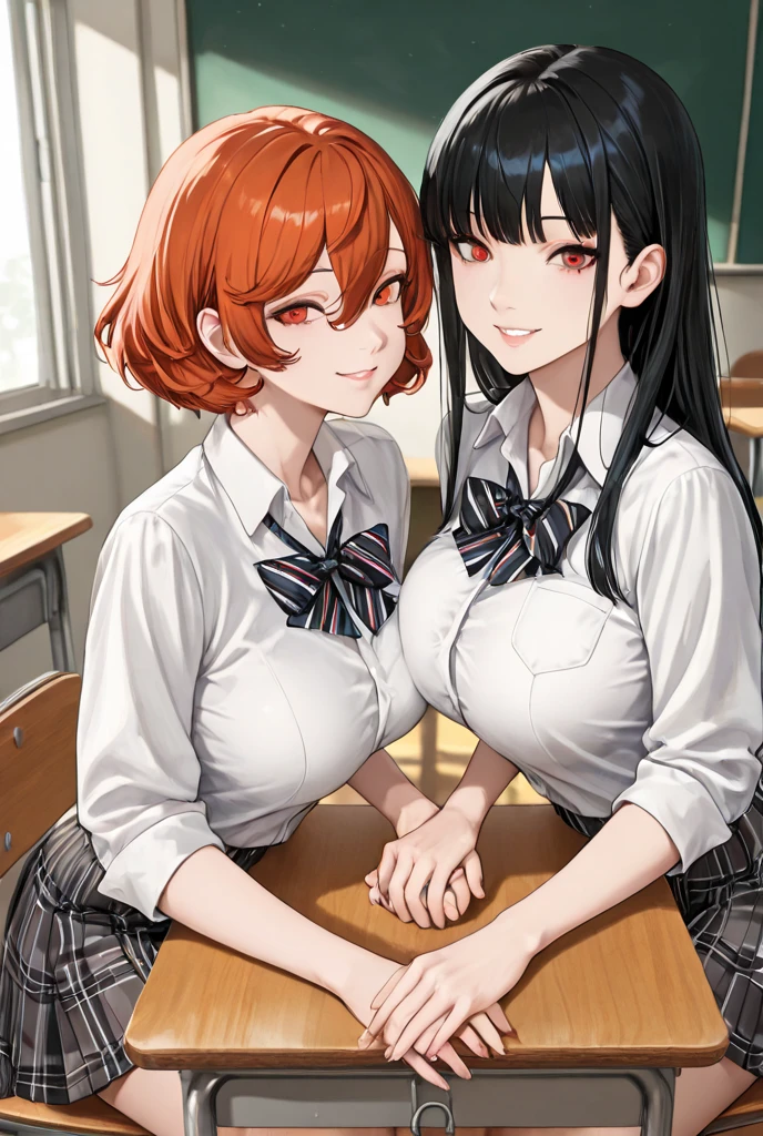 (bestquality), highlydetailed, ultra-detailed, (masterpiece:1.5), (2characters), (boy:1) (Orange hair)(girl:1)(brunette color hair)(Golden pupils)(eye glass), (bangs) (sidebangs), (glasses), (yellow eyes), (disgust), (blushing), (black hair) , (blunt bangs), (breast grab), (breasts), (grabbing), (grabbing from behind), (groping), (hetero), (indoors), (long hair), (realistic), (shirt), (sitting), (sitting on lap), (sitting on person), (skirt), (white shirt)
