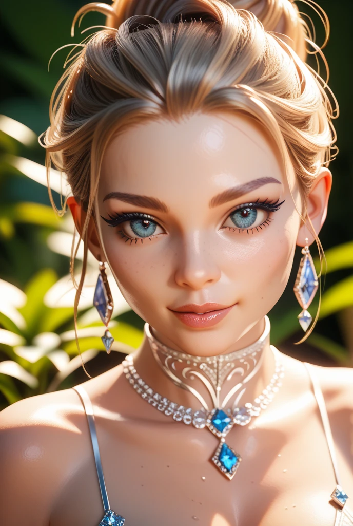 Full shot,(photorealistic:2), one girl of dazzlingly beautiful appearance stands against the backdrop of a picturesque landscape in the rainforest, the face is oval beautiful and perfect, a European Slav, the eyes are bright cornflower color, the eyelashes are long and fluffy, the eyebrows are dark, the nose is neat, the lips are medium a little plump, the face is hyperdetailed, the body is graceful and graceful with white skin, ultra short dress made of transparent organza with a deep neckline and neckline, The dress shines through, small breasts and swollen are visible, the girl is shod in elegant crystal shoes, a crystal tiara with sapphires on her head, a precious necklace made of turquoise and emeralds around her neck, a high-resolution photo, the image of the girl is sharp and clear, the back light draws an outline around the silhouette of the girl, the filling light is soft, it illuminates the face and figure well, the color of the photo is cinematic, (photo as in the gallery of arts, Photo style as William Martenson:2) --auto --s2