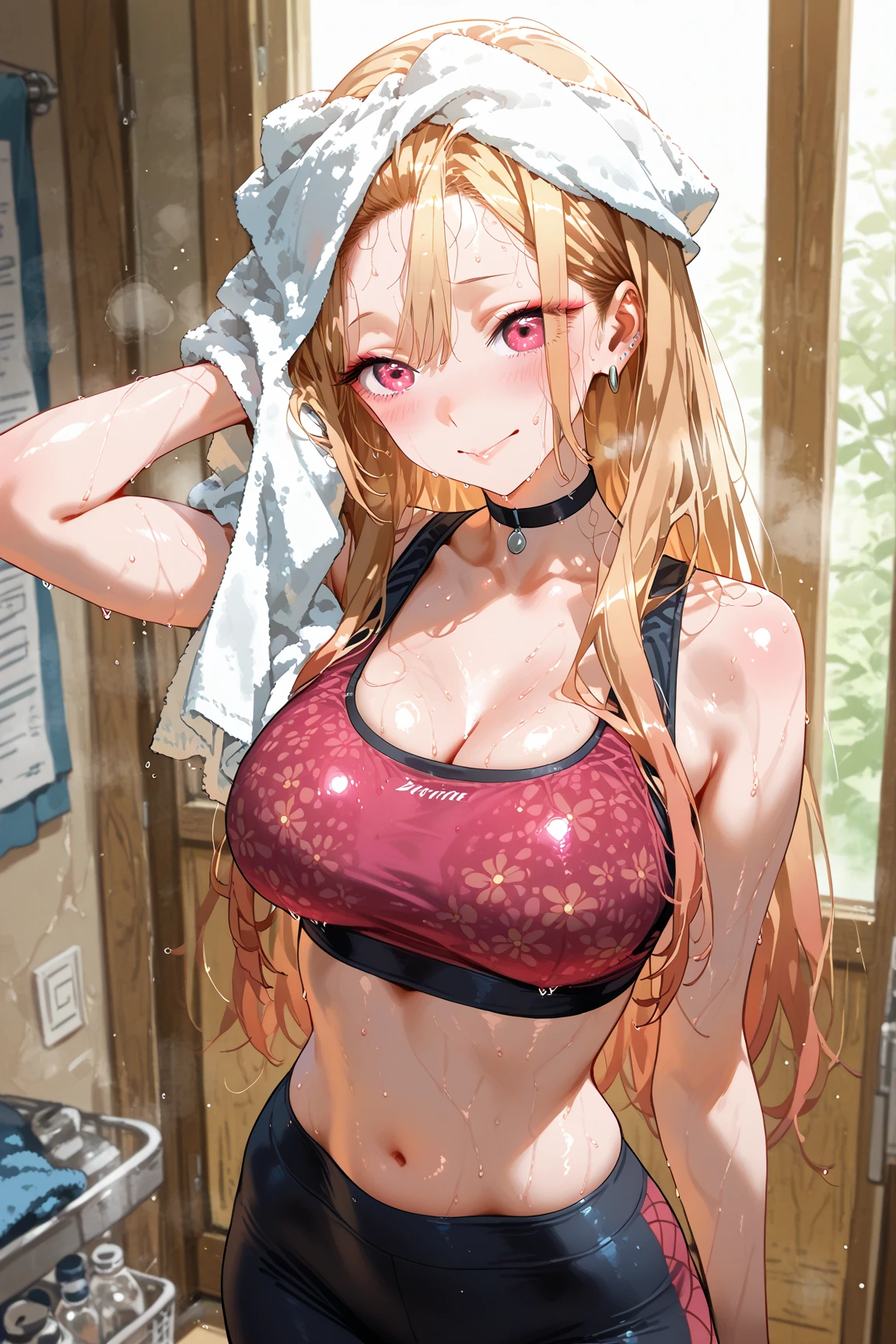 masterpiece、highest quality、Very detailed、An illustration、Beautiful fine details、One Girl、cute、Detailed landscape、Training Room Background:1.4、Platinum Blonde Hair、Braided Ponytail、Red camisole、((D cup breasts, Tank top showing underboob:1.3))