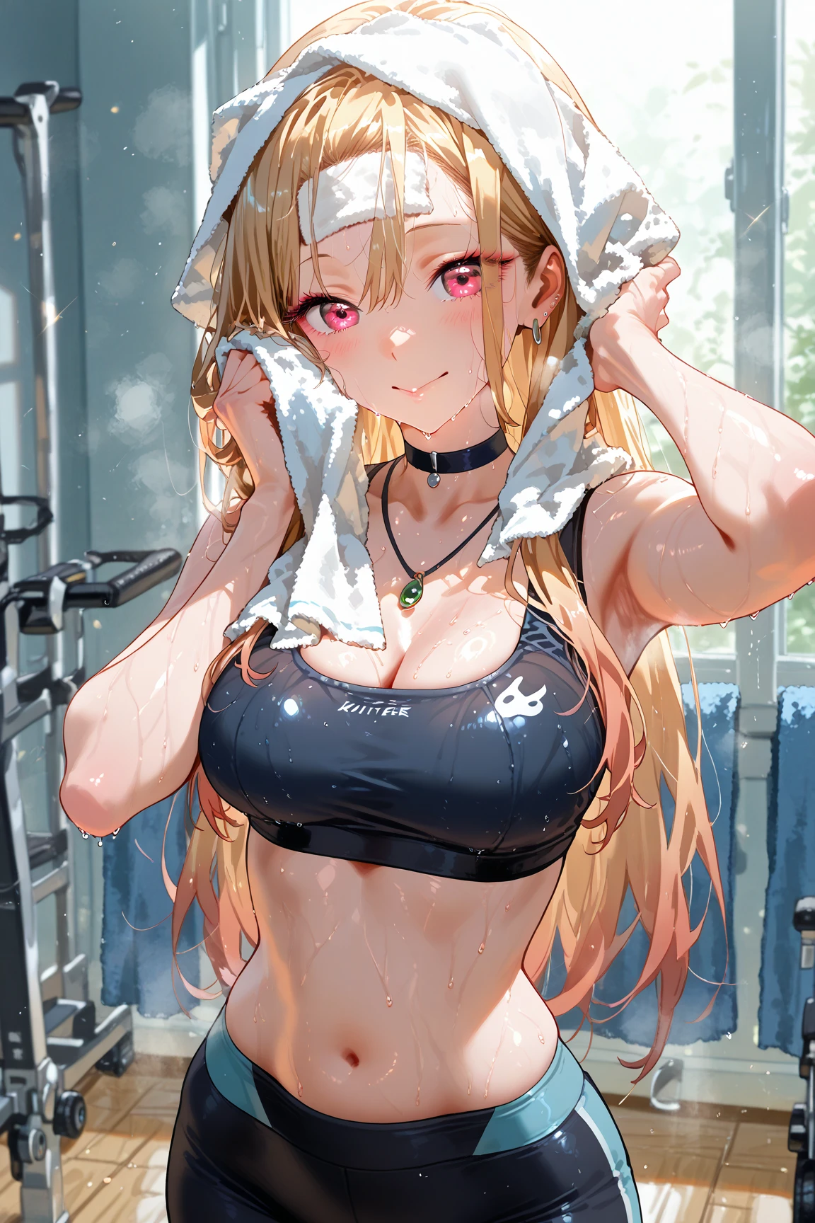 Crying face, wet hair, hair with water droplets, dressing room, wiping hair with a towel, sports bra, (dark skin: 1.3), brown skin, movie lighting, thick eyebrows, small, beautiful blonde, (masterpiece), ((best quality)), (super detailed), glossy skin, full body anime girl, solo, clean and detailed anime face, high resolution anime eyes, five fingers, textile shading, perfect human structure, perfect anatomy,