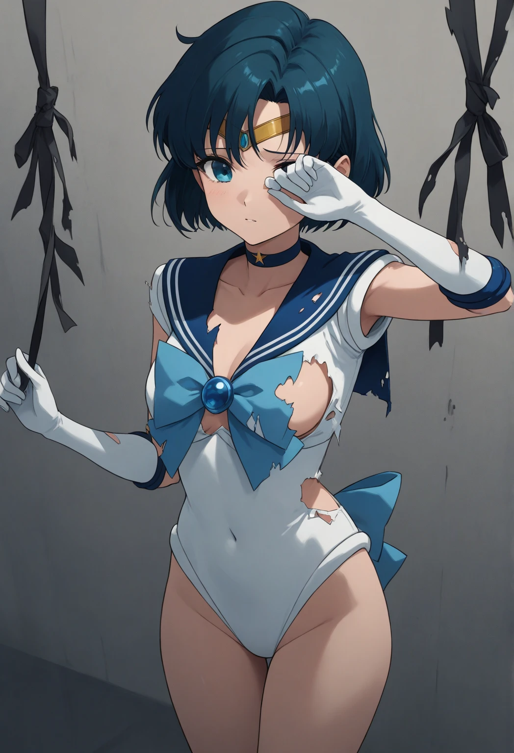 best quality,masterpiece,1girl, solo, (torn clothes:1.3), ecchi anime style, blush,, Sailor Mercury, Ami Mizuno, neck ribbon, blue hair, short hair, circlet, jewelry, crescent earrings