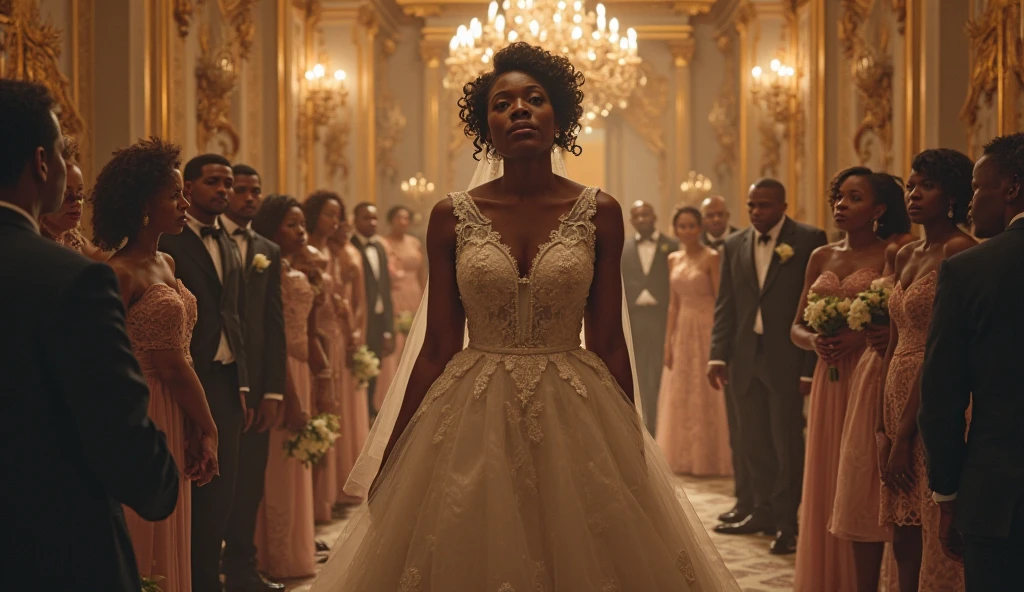 Generate an image of a black curvy bride crying and running out of a decorated wedding venue, motion trails and wind effect. guests are stunned and appalled. wide view