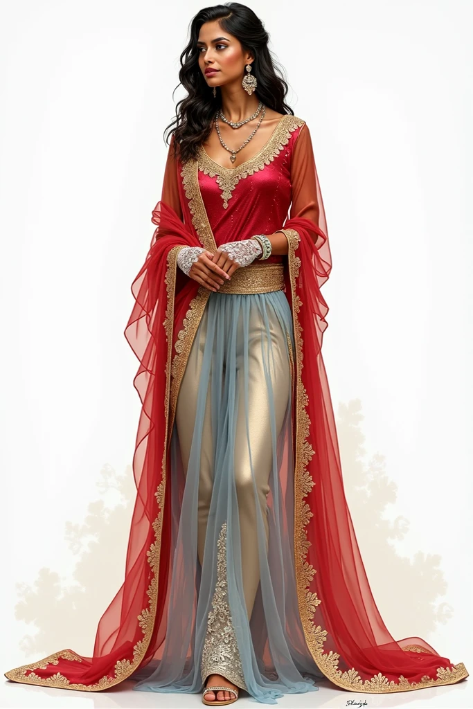ultra-detailed drawing of the highest quality, arab-indian mature woman as beautiful as the miss universe, Her outfit is complex and colorful, She's wearing a metallic crimson satin indian sari top, She's wearing translucid iridescent arabian pants, She's wearing translucent light blue arab harem pants, She's wearing a sparkling seethrough golden see-through floor-length skirt, She's wearing a sparkling light gray silk open robe over the clothes, She's wearing open-toe high heeled sandals, She's wearing intricate sheer white lace bridal gauntlets.
