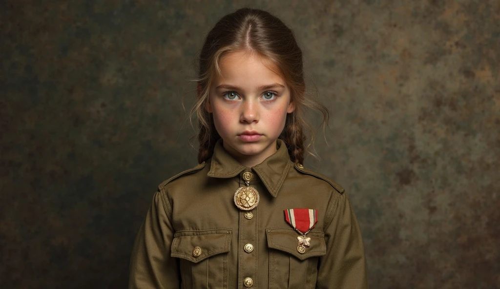 Superior Image Resolution: 4K: A 10-Year-Old Little Girl in World War I Military Uniform, Blonde Blue Eyes, Ultra Detailed Ultra Realistic Shadows