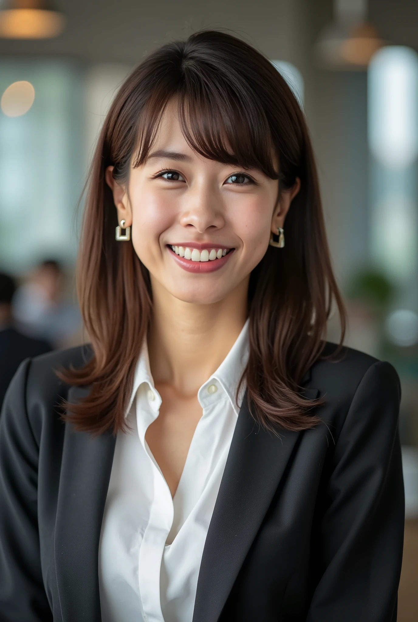 Neat Young Woman、looking at camera、office lady suit、Jacket、shirt、 Ear piercings、necklace、smile showing teeth、、background is office